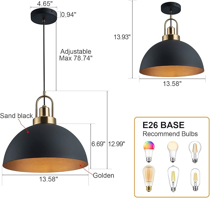 2 Vintage Industrial Pendant Light 13.58 "Dome Black and Gold Chandelier Lighting Brass Socket Chandelier line Length 78.74" Bedroom, Kitchen Island, Porch, Garage, 2 Packages