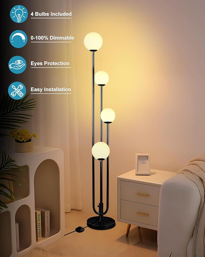 63IN 4-Light Dimmable Floor Lamp, Unique Black Tall Standing Lamps with Globe Shade &3000K G9 Bulbs for Reading, Mid Century Modern Floor Lamp for Living Room Bedroom Office