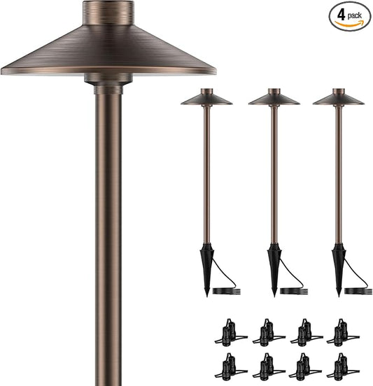 ZONEGRACE 4 Pack Solid Brass Low Voltage Pathway Lights,Outdoor Wired LED Landscape Path Lights,AC/DC 12V Bronze Pathway Lighting for Walkway Garden Yard,UL Listed Cord,Without Replacement Bulbs