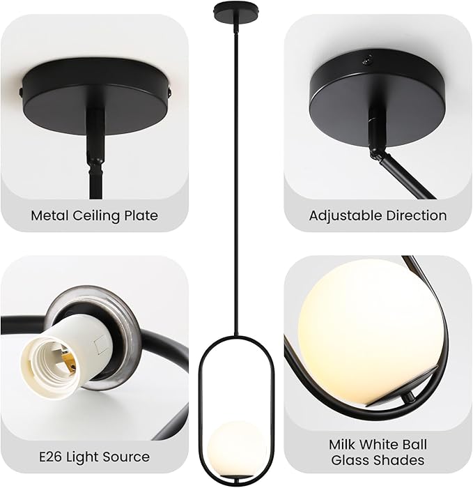 Yunnix 1-Light Modern Black Globe Pendant Lights Kitchen Island | Milk Glass Hanging Lamp for Kitchen Island, Dining Room, Bedroom, Living Room (Bulb Not Included)