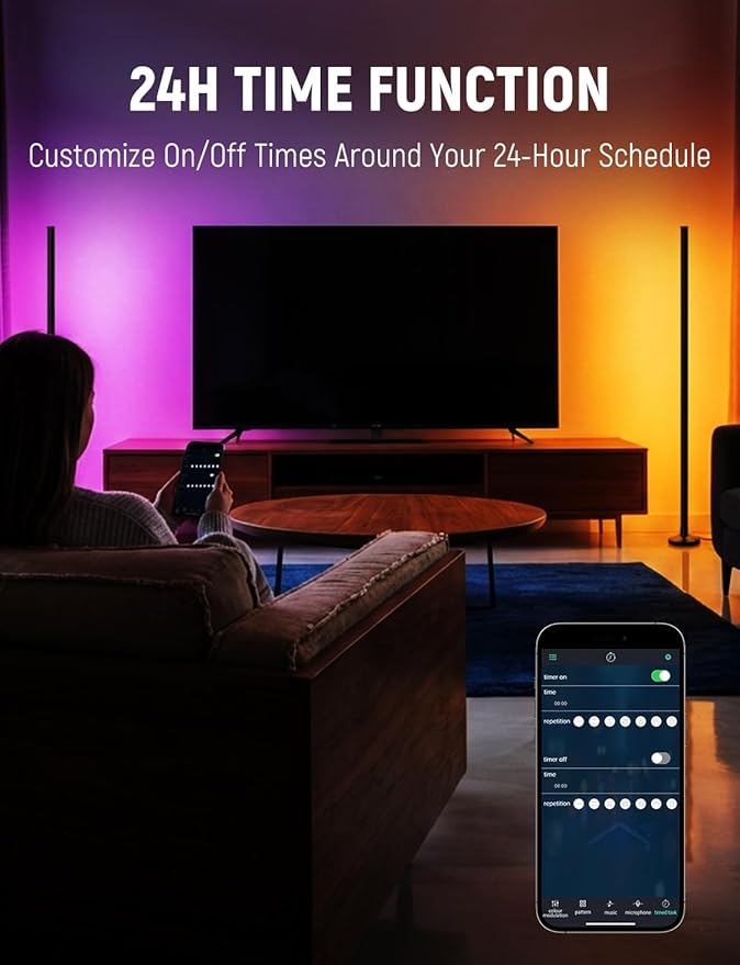 Corner Floor Lamp Smart RGB LED Corner Lamp with Music Sync, App and Remote Control Color Changing Ambience Light, Timing for Living Room, Bedroom, Gaming Room