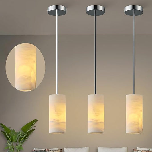 Alabaster Pendant Lights Kitchen Island, Nickel Hand Carved Alabaster Cylinder Pendent, Spanish Natural Marble Light Pendant for Bedroom Bathroom Dining Room Living Room- 3 PC