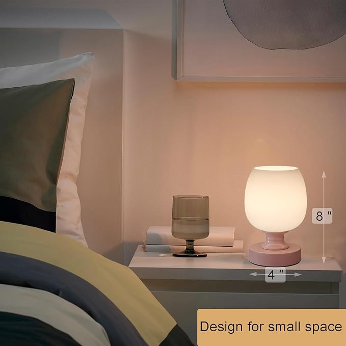 Small LED Table Lamp for Bedroom, 2 Sets Glass Desk Light, 3CCT Bulb Included Pink