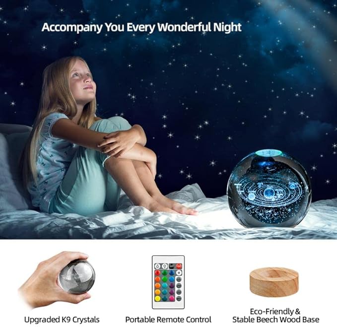 3D Solar System Crystal Ball Night Light with 16 Color LED Wooden Base, Upgraded 3.15 In Galaxy Planets Glass Ball Lamp with Remote Control Cool Astronomy Desk Decor Gifts for Kids Girls Boys Friends
