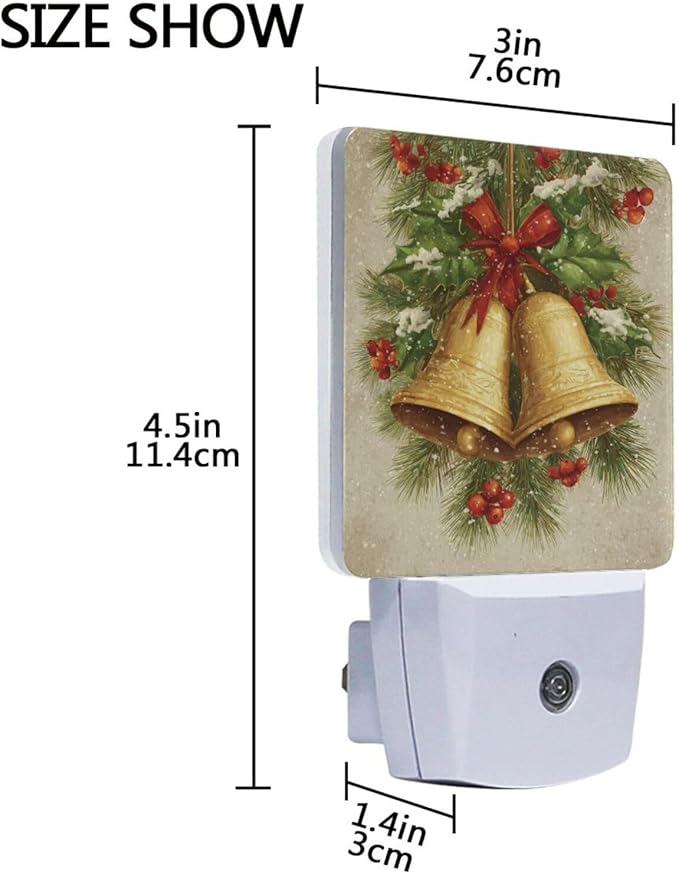 Christmas Golden Bells Night Light 2 Pack Dusk to Dawn Sensor Led Lamp for Women Men RetroNight Lights Plug into Wall Retro Decor for Bedroom Kitchen Bathroom Corridor, 0.5W