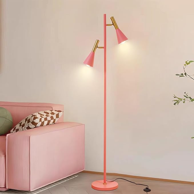 Modern Floor Lamp with 2 Adjustable Head Tall Pole Uplight for Living Room, Bedroom, Office,Pink and Gold Corner Light for Reading (Pink and Gold)