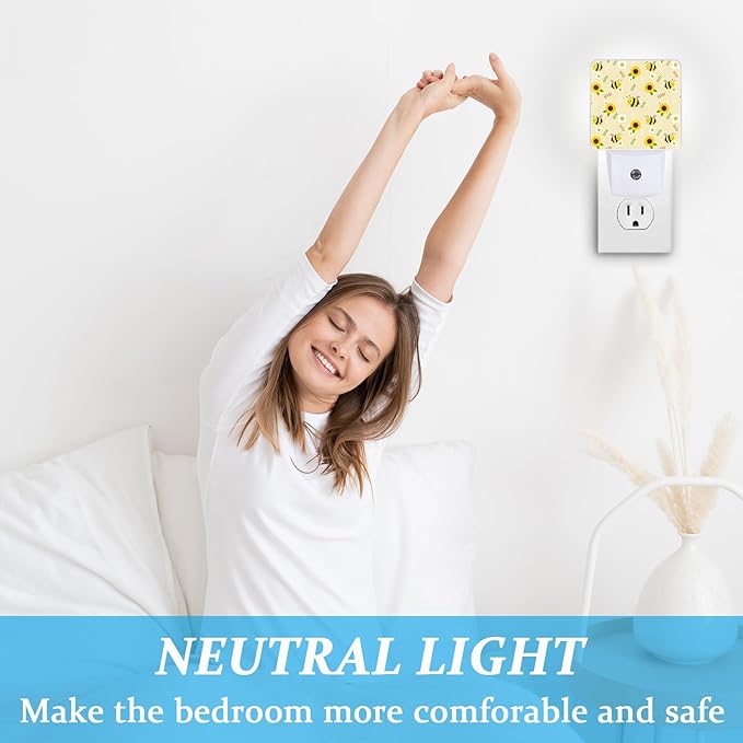 Cute Bee Sunflower Night Light, Plug-into Wall Nightlight Lamp with Dusk to Dawn Sensor, Led Lamp 0.5W Energy Efficient for Boys Girls Adults Home Decor