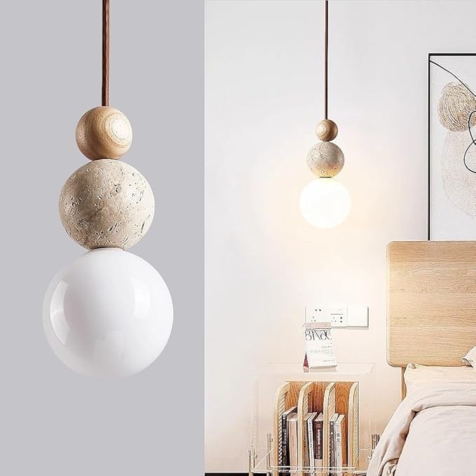 Natural Stone & Wood Pendant Light Fixture | Spherical Milk Glass Hanging Lamp | Modern Organic Ceiling Light | Adjustable Bedside Suspension Light for Dining Room, Kitchen Island, Bedroom(Solid wood)