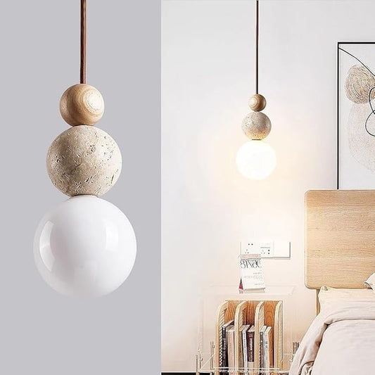 Natural Stone & Wood Pendant Light Fixture | Spherical Milk Glass Hanging Lamp | Modern Organic Ceiling Light | Adjustable Bedside Suspension Light for Dining Room, Kitchen Island, Bedroom(Solid wood)