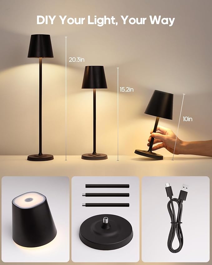 LED Cordless Table Lamp Rechargeable, 3-Height Adjustable, 5500mAh Battery Operated Lamp, 3-Color Dimming Touch Lamp, Portable Lamp for Dining, Bedroom,Camping, Outdoor, Indoor(Black 2 Pcs)