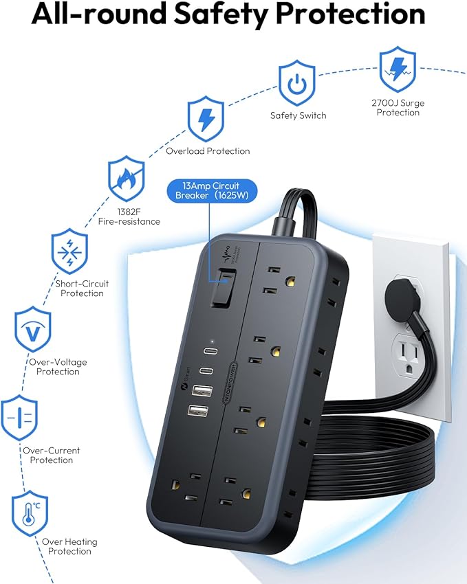 NTONPOWER Surge Protector Power Strip 5 Ft Cord, 10 Widely Spaced Outlets, 4 USB Port(2 USB C Port), Ultra Thin Flat Plug Extension Cord 5 Feet, 2700J Surge Protection for Home Office Garage, Black