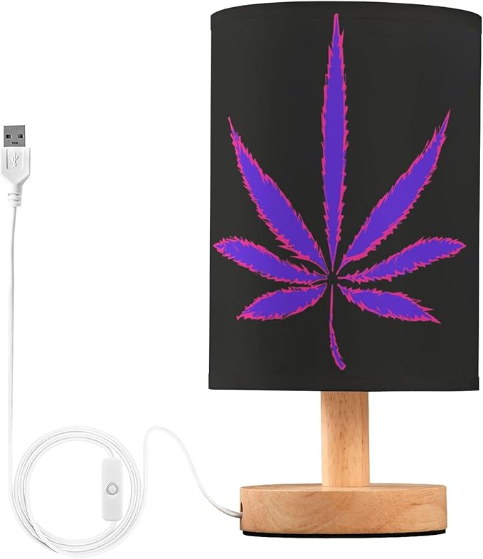 Table Lamp Neon Purple Marijuana Leaf Cannabis Weed Leaves on Black Nightstand Lamp with Wood Base Fabric Lamp Shade Bedside Desk Lamp for Living Room Bedroom Kids Room Office