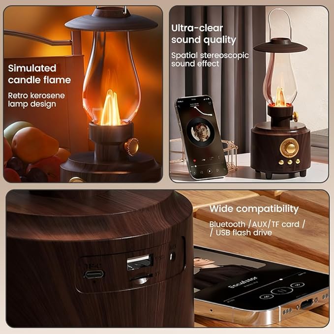HomeBeyond Vintage Kerosene Table Lamp, Bedside Night Light with Bluetooth Speaker, Rechargeable Bedside Lights, IPX4 Waterproof Camping Lamp for Camping Party Holiday Home Decor Gift (Woodgrain)