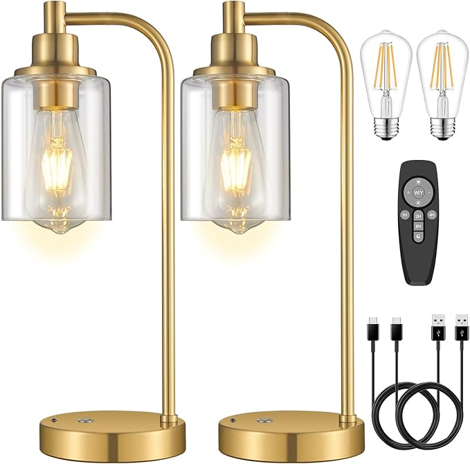 2 Pack Cordless Table Lamp Rechargeable Gold, 8000mAh Battery Operated Table Lamps with Remote Control, Touch Dimmable Bedside Lamps with Glass Shade, Portable Wireless Lamp for Bedroom, Living Room