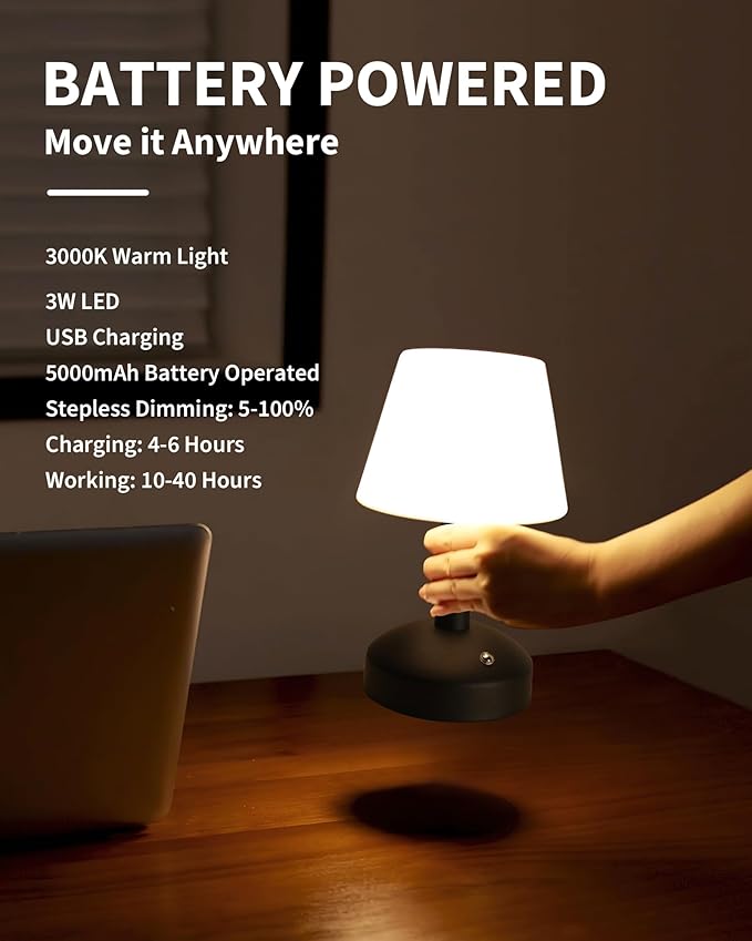 KDG Modern Cordless Small Table Lamps, Portable LED Dimmable Desk Lamp, 4000mAh Rechargeable Battery Operated Lighting for Restaurant/Bedroom/Bedside/Bar/Outdoor/Camping/Night Light(Black)