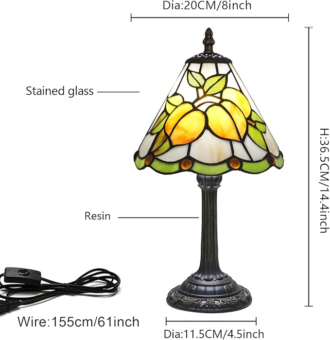 Small Tiffany Lamp Stained Glass Lamp Yellow Apricot Fruit Decor Table Lamp for Living Room Corner Side Kitchen Bedroom Bedside Coffee Shops Home Office 8 Inch 90s 80s Vintage Style Desk Lamp
