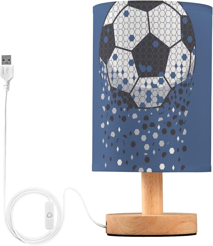 Table Lamp Sparkling Soccer Ball American Football Sport Design Nightstand Lamp with Wood Base Fabric Lamp Shade Bedside Desk Lamp for Living Room Bedroom Kids Room Office