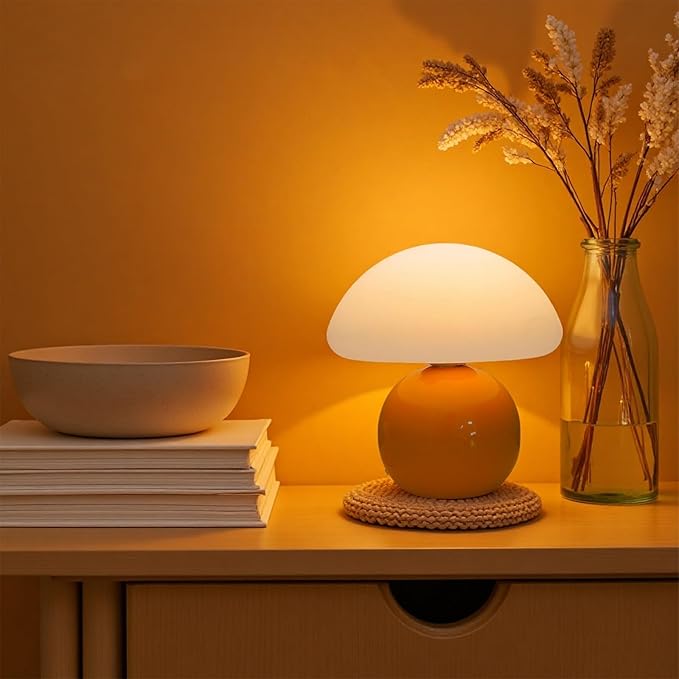 Cute Small Mushroom Lamp, PE Lampshade, Ceramic Base, Adjustable Light Color and Brightness with Power-Off Memory, Safe USB Powered, LED Mushroom Light for Bedroom Living Room (Orange)