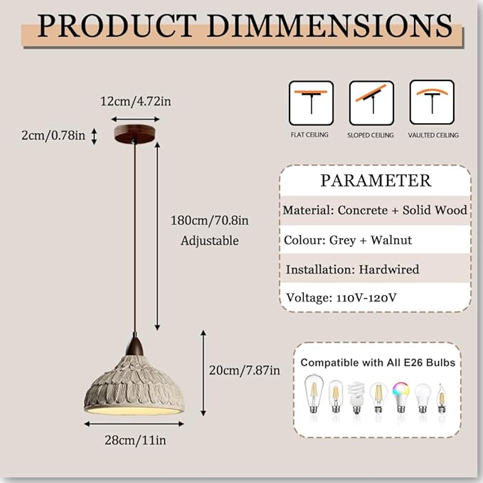 Wabi Sabi Pendant Light, 11" Retro Japanese Style Concrete Pendant Light with Feather Textured Lampshade, Cement Pendant Light Fixtures Ider for Bedroom Living Room Kitchen Island (No Bulb)