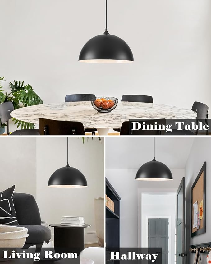 Large Dome Pendant Lights Kitchen Island, 16 Inch Black and White Dome Pendant Light, Black Farmhouse Pendant Light, Large Black Pendant Lights for Kitchen Island 1 Pack