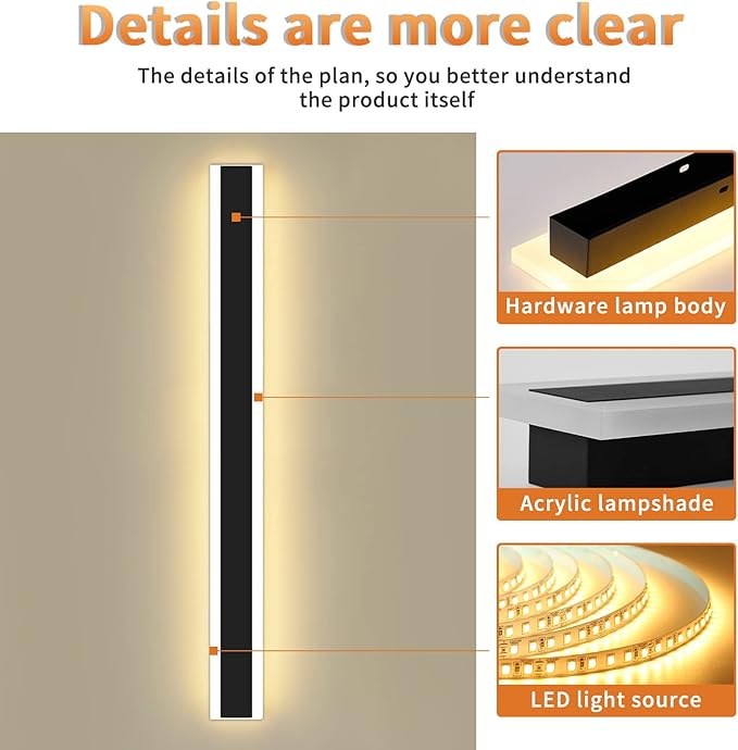 Mikeru Modern Wall Light, 3000k-6000k Dimmable Sconce, 47inch Black Exterior Light With Remote Control, IP65 Waterproof Anti-Rust Linear Long Porch Light Outdoor