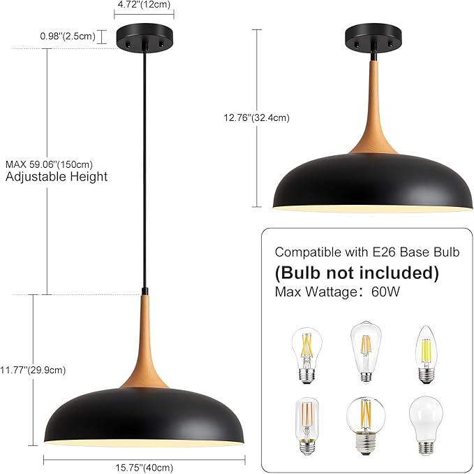 Oversize Black Pendant Lights Kitchen Island,Modern Pendant Light Fixtures,Farmhouse Adjustable Hanging Pendant Lighting Foyer Entryway Hallway Bedroom Dining Room Living Room,Faux-Wood,Large 15.75 in