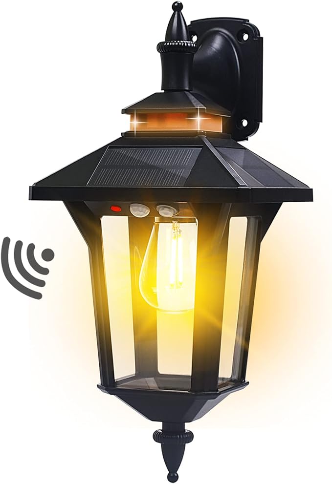 Solar Powered Wall Lantern Lights Outdoor with 3 Modes, Motion Sensor Solar Wall Light Waterproof, Dusk to Dawn LED Exterior Front Porch Lights Fixtures Wall Mount for Garage House Patio Doorway Yard