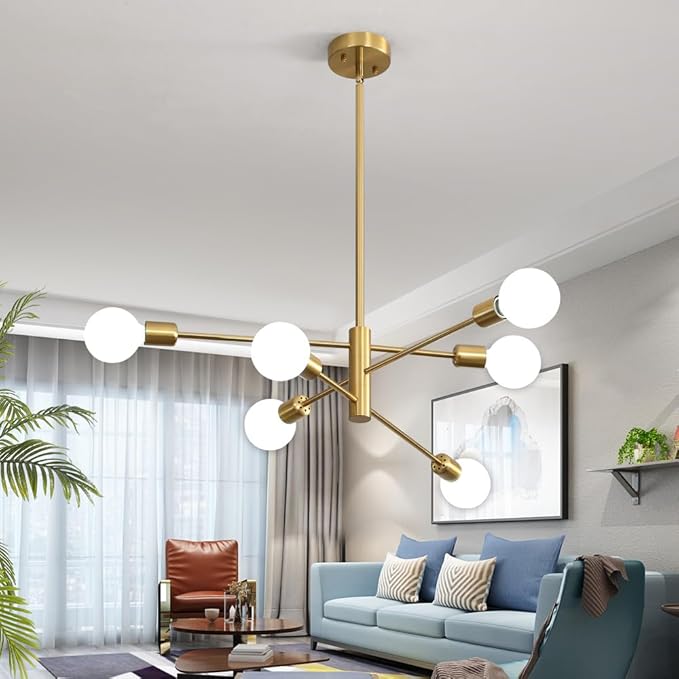Sputnik Chandelier Modern Industrial E26 Gold Chandeliers Mid Century Ceiling Lighting Fixture for Living Room, Kitchen, Bedroom, Dining Room, and Farmhouse