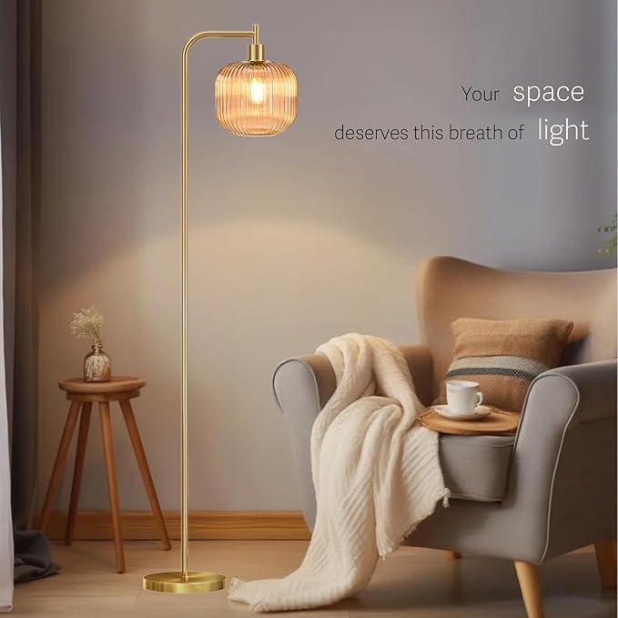 Glass Floor Lamp,67" Modern Standing Lamp with Sunset Grapefruit Glass Lampshade Metal Pole for Living Room, Bedroom, Office - Heavy Base,Pedal Switch (Include Bulb)(Amber)