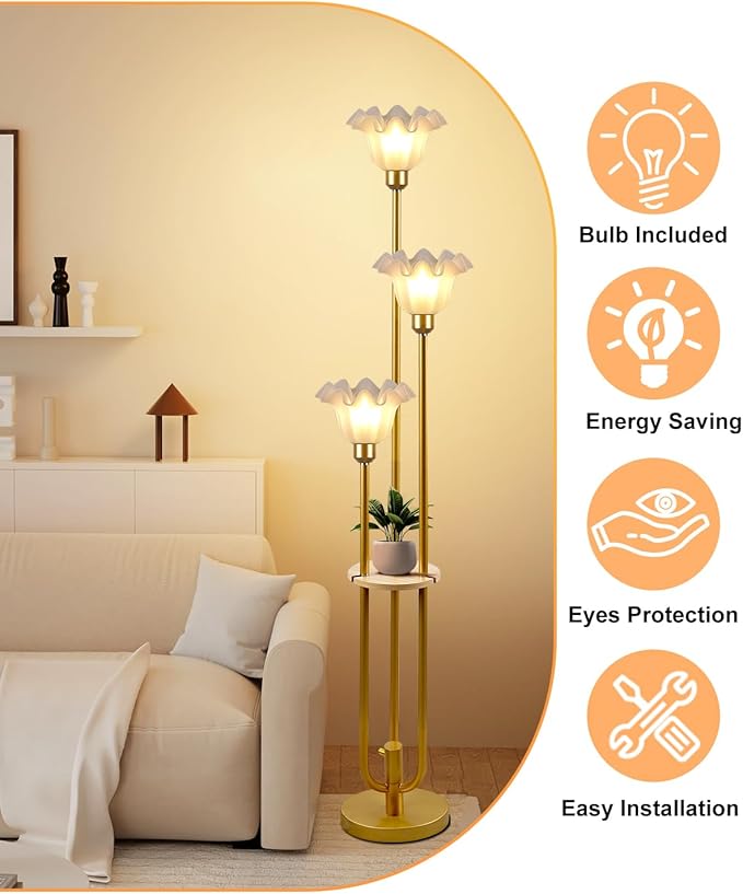 Lightdot Flower Floor Lamp for Living Room, Dimmable Vintage Floor Lamp with Shelf& Bulbs Included, 3 Light Warmwhite Mid Century Gold Floral Standing Tall Lamp for Bedroom/Sofa Beside/Corner Decor