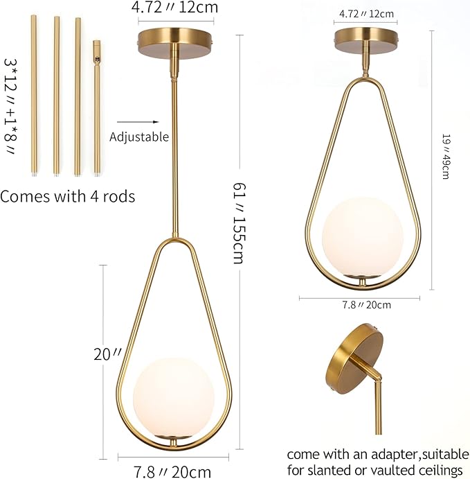 SeeU Gold Pendant Lighting Brass Finished Modern Style Kitchen Island Lighting,One Light Glass Globe Pendant Light for Indoor Hanging Light Fixture,Adjustable Length Lamp for Dinning Room Bedroom