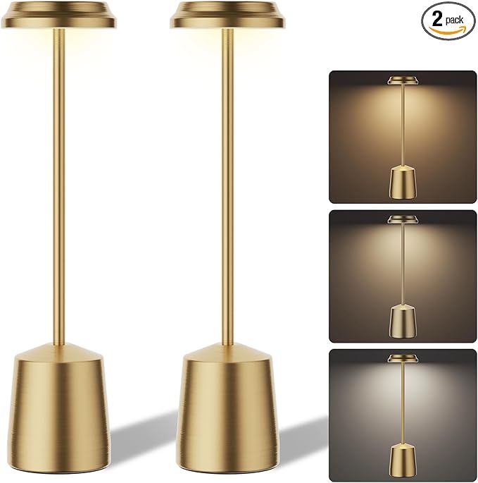 Aluminum LED Cordless Gold Table Lamps Set of 2, Portable Rechargeable 5000mAh Battery Operated Table Light, 3 Color Stepless Dimming Touch Control, Desk Lamp for Dinner/Restaurant/Bars/Coffee Shop