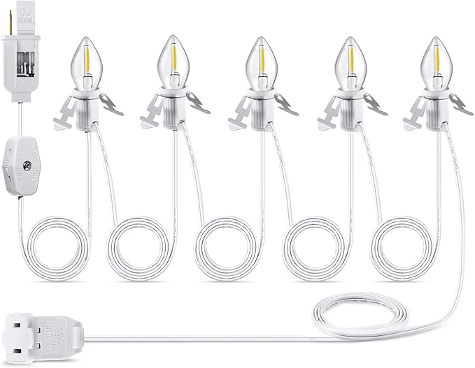 Leelosp 1 Pack Christmas Accessory Cord with 5 LED Light Bulbs, 11.5 Feet White C7 Lamp, On/Off Switch Plug, Spare Fuses, Female/Male Plugs, Blow Mold Light for Village House Craft Decorations
