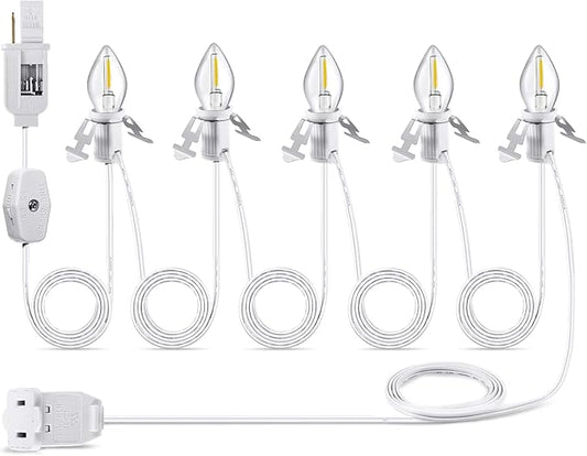 Leelosp 1 Pack Christmas Accessory Cord with 5 LED Light Bulbs, 11.5 Feet White C7 Lamp, On/Off Switch Plug, Spare Fuses, Female/Male Plugs, Blow Mold Light for Village House Craft Decorations