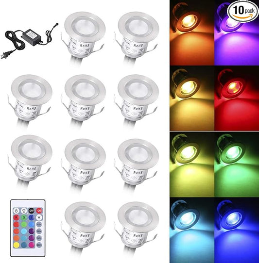 Lixada Recessed LED Deck Light 16 RGBW Colors/4 Lighting Modes Remote Control IP67 Waterproof LED in Ground Lights for Outdoor Yard Garden Stair Patio Pool Deck Kitchen -10Pack - RGBW Colors (30mm)