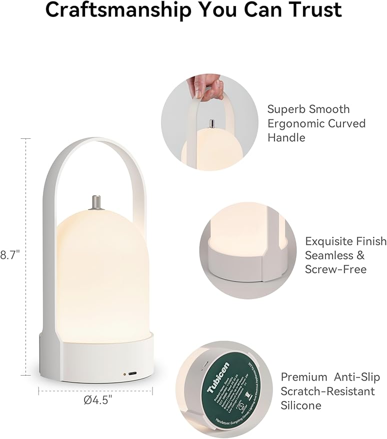 Tubicen Portable Lamp, Battery Operated Cordless Outdoor Table Lamps Rechargeable, 4-Level Touch Dimmable IP44 Shower Lamp, Night Light for Patio Camping Dining Room Bedroom (White, Regular)