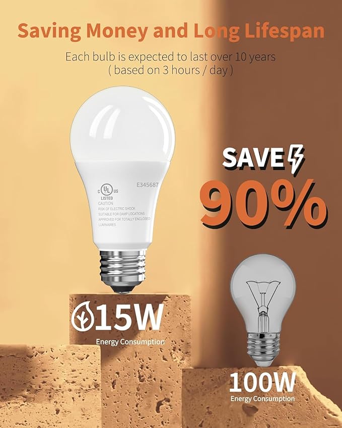 TJOY LED Light Bulbs, 100 Watt Equivalent A19 LED Bulbs, Soft Warm White 2700K, Energy Saving Lightbulbs with E26 Standard Base, 1500 Lumens Non Dimmable Lamp for Home Bedroom Kitchen, 4 Pack