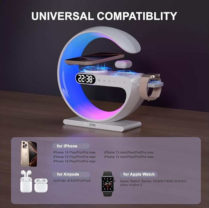 RYND 2026 Magnetic 5 in 1 Speaker Alarm Clock with Wireless Charger, Bedside Lamp with Adjustable Night Light, Gift for Family/Friends(White)