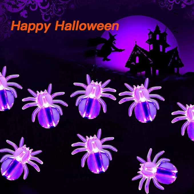 Halloween Solar String Lights, 21.3 Ft 30 LED Purple Spider LED Lights IP65 Waterproof for Halloween Outdoor Indoor Party Decor, Patio, Lawn, Garden, Yard