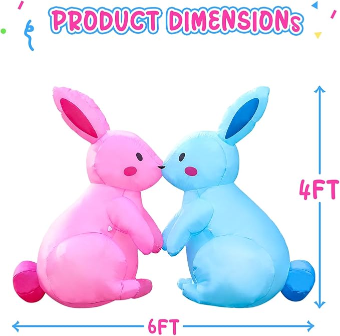 Domkom 6FT Long Easter Inflatable Bunnies Outdoor Decorations, Build-in LED Lights Holiday Blow Up Yard Decoration, for Easter, Outdoor,Garden, Yard Lawn Décor