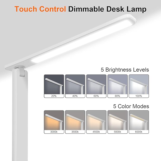 karidi LED Desk Lamp Dimmable Table Lamp with USB Charging Port, 5 Lighting Modes, Sensitive Control, Foldable Portable Desk Light for Home Office Bedroom Reading (White, Standard Size - 13.3 inch)