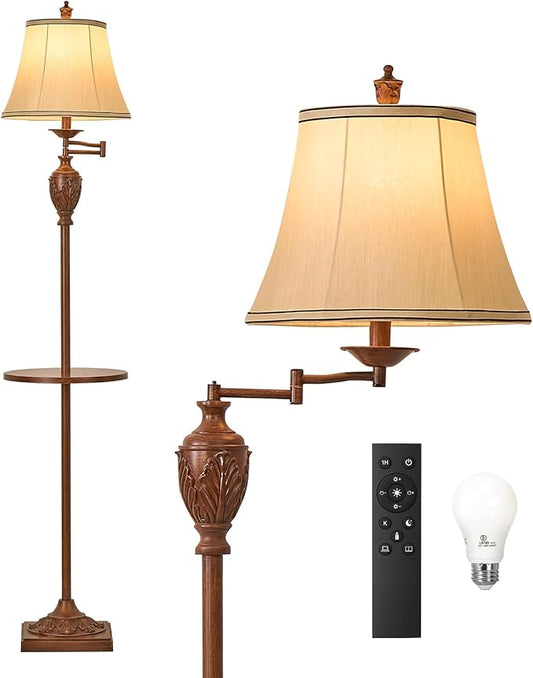 Traditional LED Floor Lamp with 350° Adjustable Swing Arm Lamp – Vintage Standing Pole lamp for Living Room, Bedroom and Office – Rustic Upright Floor Light for Home Décor with Faux Silk Fabric Shade