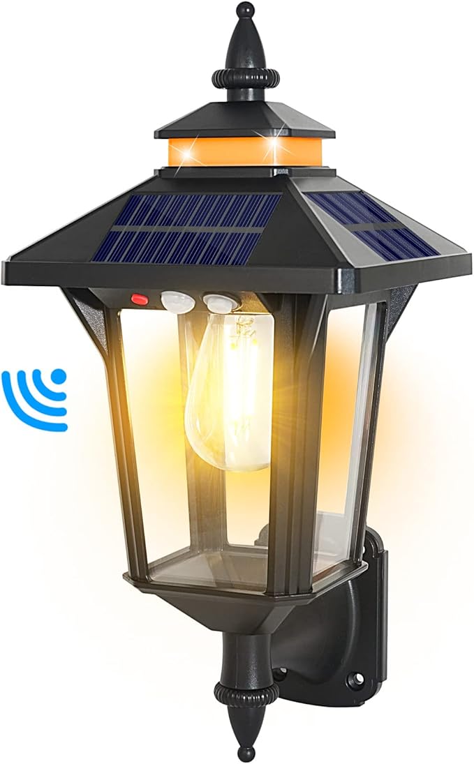 Solar Powered Wall Lantern Lights Outdoor with 3 Modes, Motion Sensor Solar Wall Light Waterproof, Dusk to Dawn LED Exterior Front Porch Lights Fixtures Wall Mount for Garage House Patio Doorway Yard
