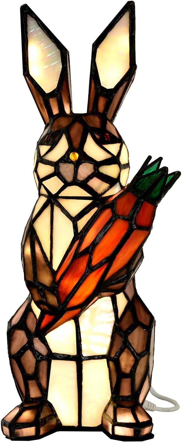 Bieye L10947 Bunny Holds Carrot Tiffany Style Stained Glass Accent Table Lamp for Easter Decor (Purple)