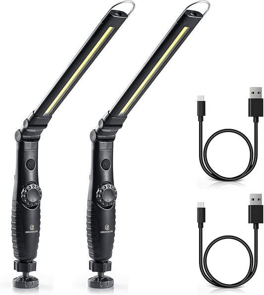ORHOMELIFE Rechargeable LED Work Light - 750 Lumens Foldable LED Flashlight Handheld Cordless Work light with Magnetic Base, 360°Rotate, Power Indicator for Car Repair, Garage, Household (2 Pack)