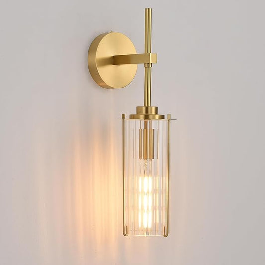 Modern Brass Wall Sconce,18" Gold Wall Sconces,Bathroom Vanity Light Fixtures with Vertical Striped Glass Tube,Modern Lamp Lighting for Bedroom,Living Room,Hallway,Staircase,Mirror