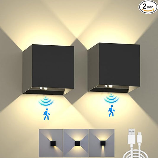 Battery Operated Wall Sconce Set of 2, Motion Sensor Light Indoor, 6000mAh Wall Lights Rechargeable, Cordless LED Energy Saving Night Light for Hallway Stairway Porch, Black