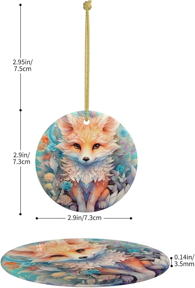 Cute Animal Fox Flowers Christmas Ornaments, Christmas Decorations Xmas Tree Hanging Ornaments, Round Ceramic Festive Keepsake Gift for Christmas Decorations Holiday Home Party Decors