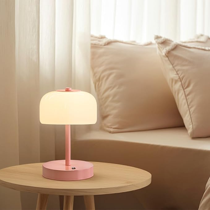 Oneach Portable Cordless Table Lamp, Rechargeable Battery Powered Lamp with Opal Glass Shade, 3-Way Dimmable LED Touch Mushroom Table Lamp for Bedroom, Bedside, Living Room, Dining Room, Patio, Pink