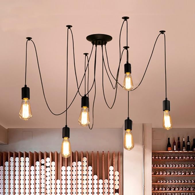 Classic Spider pendent Lamps, Ajustable DIY Ceiling Spider Light E27, Rustic Chandelier, Industrial Hanging Light Dining Hall Bedroom Hotel Decoration, 6 Arms(Each with 1.7m Wire)